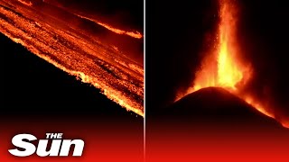 Spectacular scenes as Sicilys Mount Etna erupts for the fourth time in as many days [upl. by Eirrej]