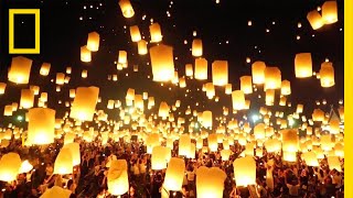 Watch as Lanterns Fill the Sky in Thailand  National Geographic [upl. by Ihculo180]