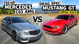 750hp C63 AMG drag races Twin Turbo Mustang on Big Slicks [upl. by Aneled]