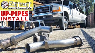 2001 F350 73  RiffRaff UpPipes Install  Stock up pipes leaking and falling apart JUNK SP [upl. by Bonner26]