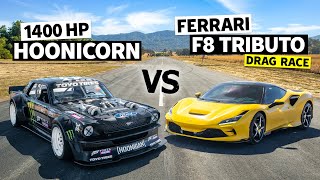 Ford vs Ferrari 710hp F8 Tributo Daily Driver drag races Ken Block’s Hoonicorn [upl. by Lydie]