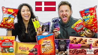 American amp German Try DANISH SNACKS amp CANDY for the First Time [upl. by Brose987]