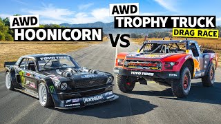 AWD Trophy Truck Pulls a Wheelie vs Ken Block’s 1400hp AWD Ford Mustang [upl. by Allsopp607]