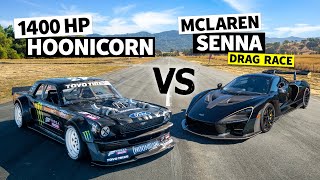 Ken Block’s 1400hp AWD Ford Mustang Hoonicorn vs a McLaren Senna Merlin [upl. by Enilasor]